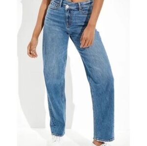 American Eagle Curvy 90s Straight Jeans Womens 6 Crossover Waist Blue High Rise